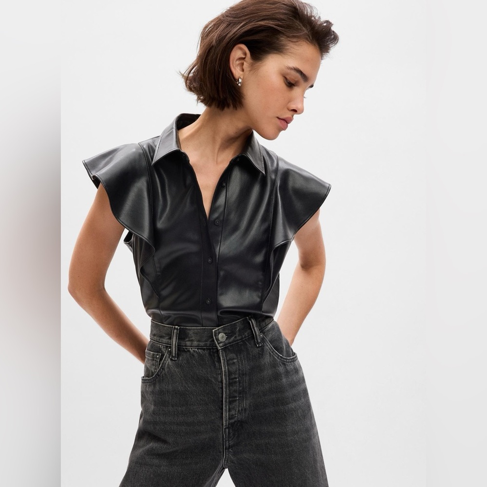 Faux-Leather Flutter Sleeve Shirt
